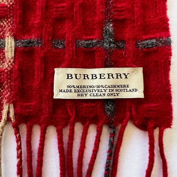 Burberry Merino Cashmere Red, Tan, Cream Plaid Scarf - Picture 4 of 10